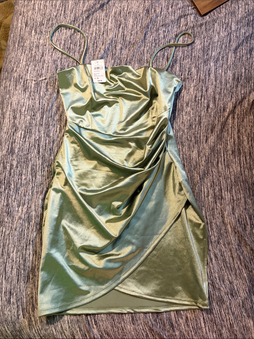 Windsor Satin Olive Green Slip Dress with Spaghetti Straps